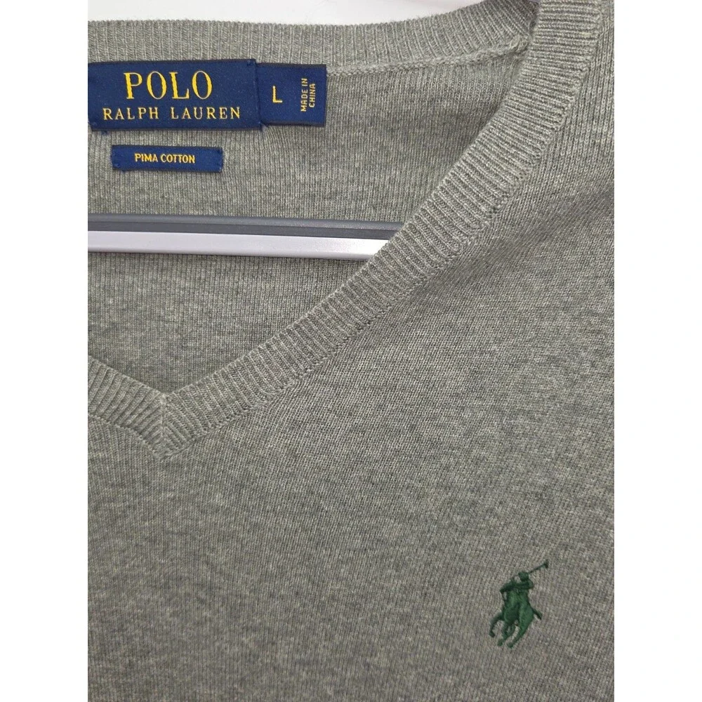 Polo Ralph Lauren Mens Large Pima Cotton V Neck Sweater Gray Green Pony